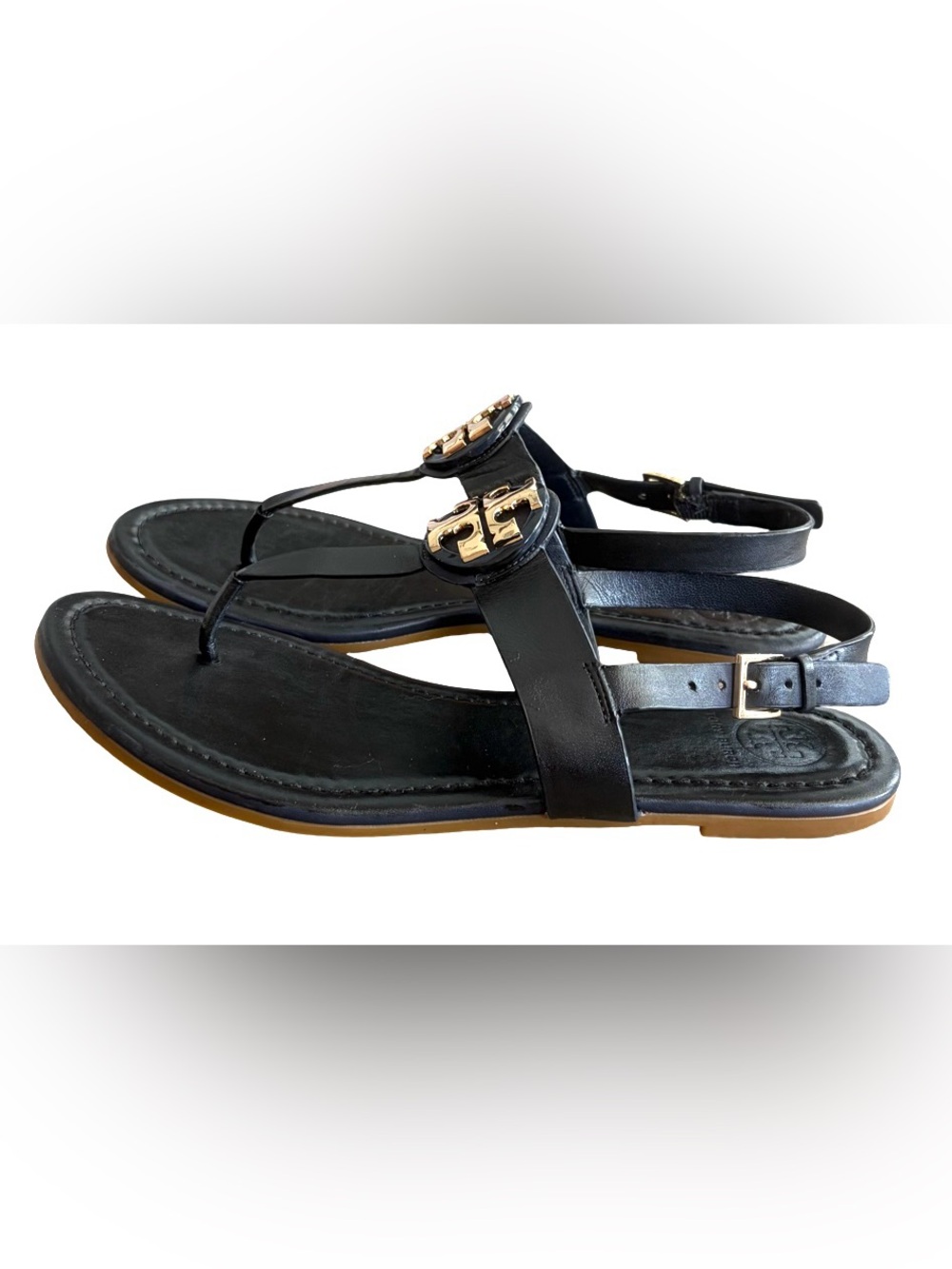 Tory Burch Black Leather Thong Sandals with Gold Logo Accent - Picture 5 of 14